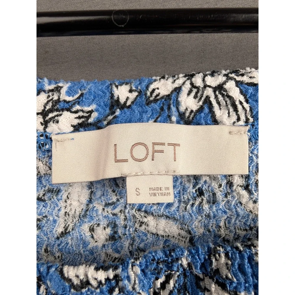 LOFT Womens Blue Floral Long Sleeve Square Neck Smocked‎ Puff Shoulder Top S